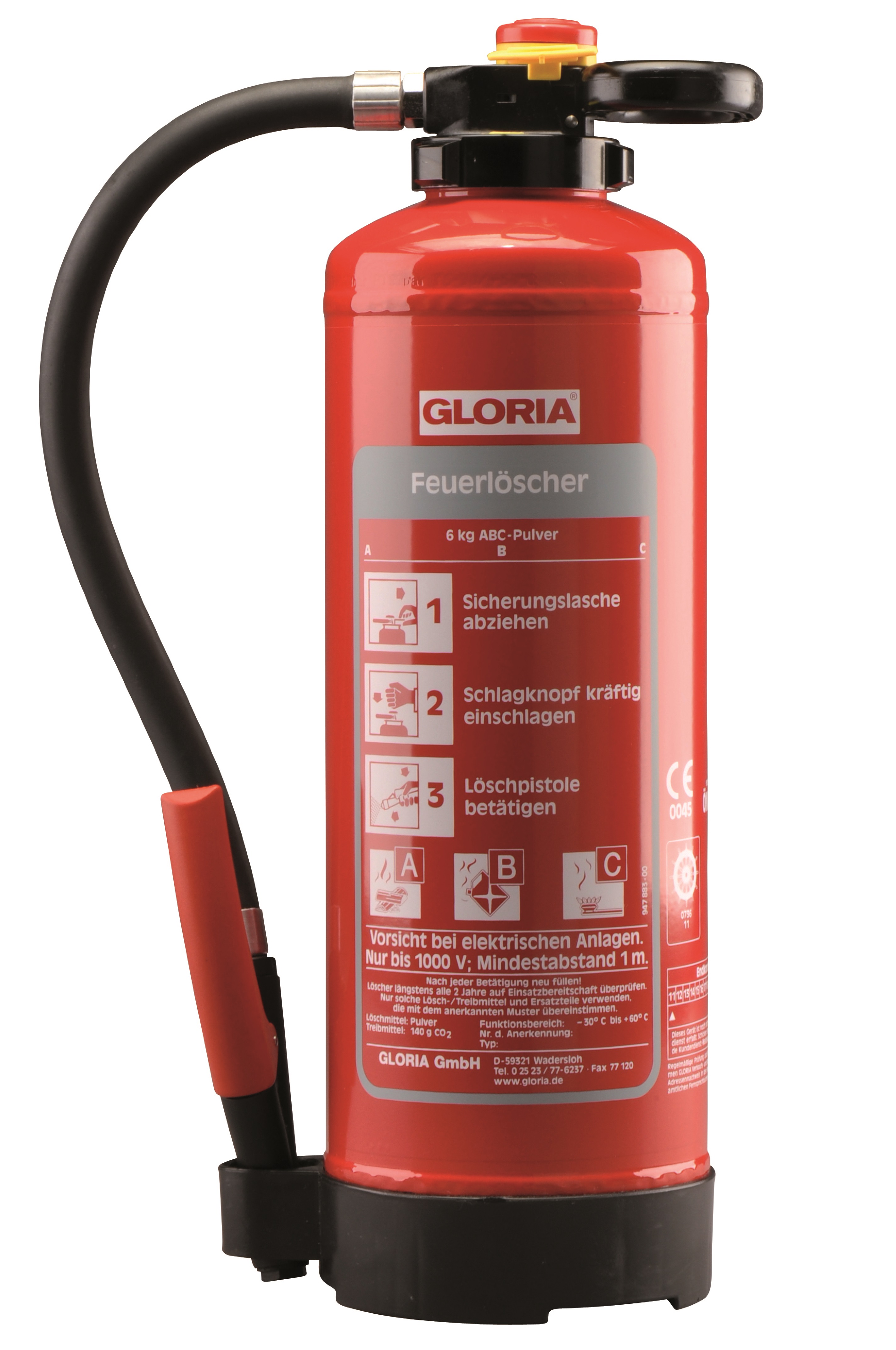 Gloria - PRO-LINE - PH 6 PRO - Pulver-Aufladefeuerlöscher mit Wandhalter -  DIN EN 3, GS, CE, MED